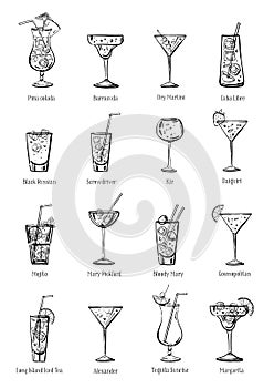 Classic cocktails set. Sixteen drinks collection. Vector sketch outline hand drawn illustration